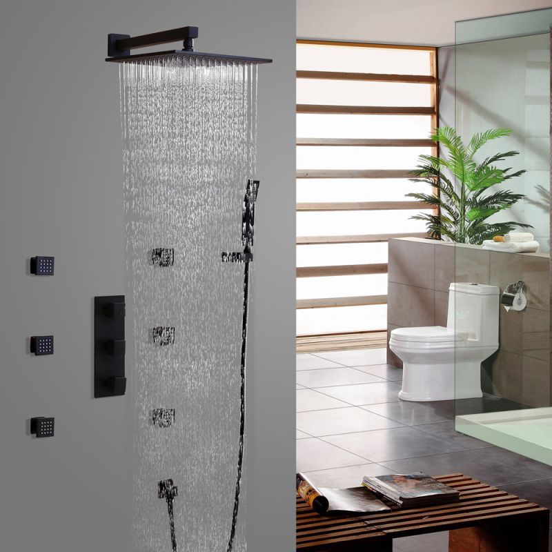 DJS 12インチ シャワーセット レインシャワーヘッド付き ハンドヘルド壁取り付け 真鍮圧力バランスシャワー蛇口バルブ シャワーシステム(つや消しニ 並行輸入品 DJS 12インチ シャワーセット レインシャワーヘッド付き ハンドヘルド