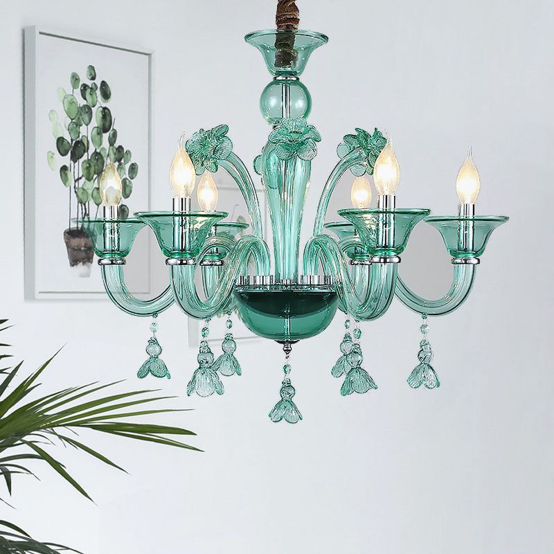 シャンデリア 吹き抜けライト 店舗 クリスタル照明 青＆緑＆グレー 6灯