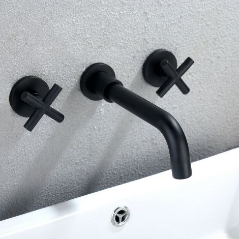 壁付水栓 冷熱混合栓 洗面蛇口 バス水栓 2ハンドル 黒色