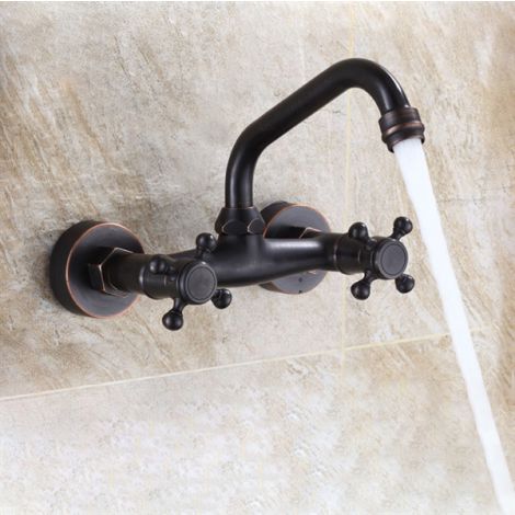 壁付水栓 キッチン蛇口 台所蛇口 冷熱混合栓 360度回転 真鍮製 ORB