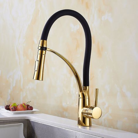キッチン水栓 台所蛇口 冷熱混合栓 整流&シャワー吐水式 真鍮&ゴム 金色