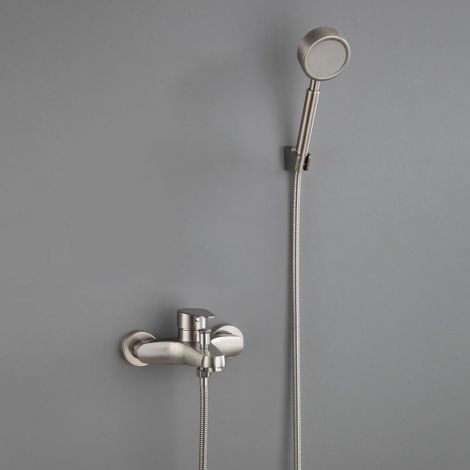 壁付シャワー水栓 浴槽混合栓 浴室蛇口 ハンドシャワー付 ステンレス鋼 ヘアライン