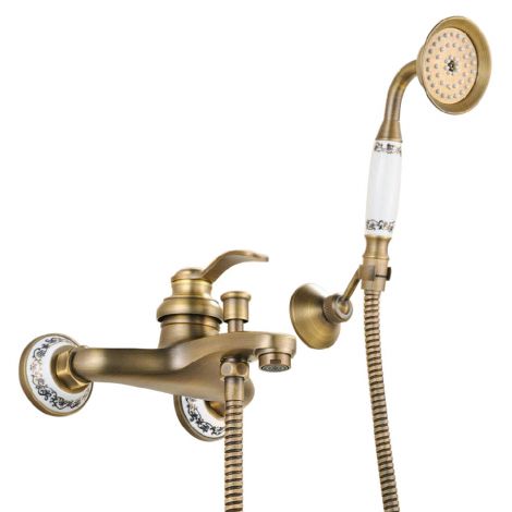壁付シャワー水栓 浴槽混合栓 シャワー水栓 ハンドシャワー付 レトロ ブラス色