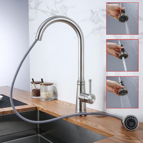 キッチン蛇口 引出し式水栓 冷熱混合栓 台所蛇口 三つ吐水式 ステンレス鋼 3色