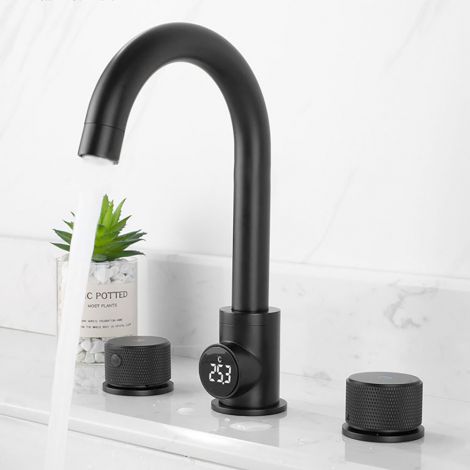 洗面蛇口 冷熱混合栓 バス水栓 回転可能 デジタル表示器付 黒色 2ハンドル