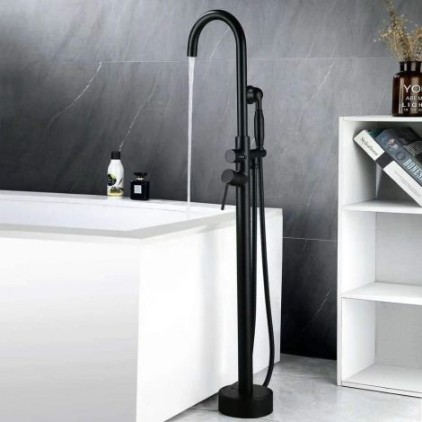 床置きシャワー水栓 床立ち上げ式浴槽蛇口 ハンドシャワー付 混合栓 2ハンドル 2色