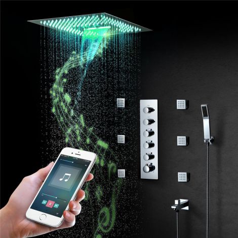 埋込形シャワー水栓 マッサージスプレー付 サーモスタット付 彩色LEDライト付 リモコン付 電源必須 豪華 5機能 クロム
