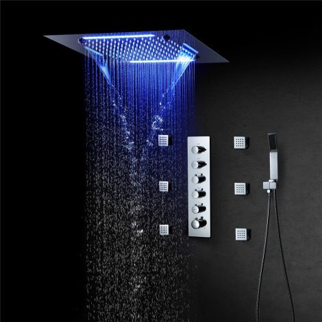 埋込形シャワー水栓 マッサージスプレー付 サーモスタット付 電源必須 彩色LEDライト付 リモコン付 オシャレ 5機能 2色