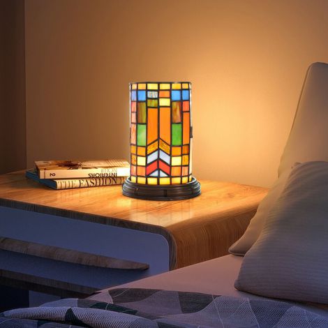 LEDテーブルライト ステンドグラスランプ 間接照明 枕元照明 3段階調光 チェック型 1灯