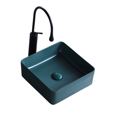 手洗い鉢 手洗器 洗面ボール 洗面ボウル 方型 置き型 陶器 排水栓&排水トラップ付 緑 シンプル 385mm
