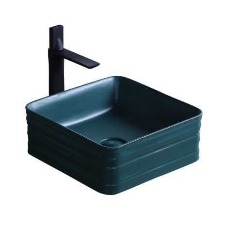 手洗い鉢 洗面ボウル 手洗器 洗面ボール 陶器 方型 縞型 置き型 排水栓&排水トラップ付 緑色 385mm