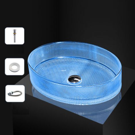 洗面ボール 手洗器 洗面器 洗面鉢 ガラス 排水金具付 ダイカスト 青 楕円型 エレガント 3色 50cm