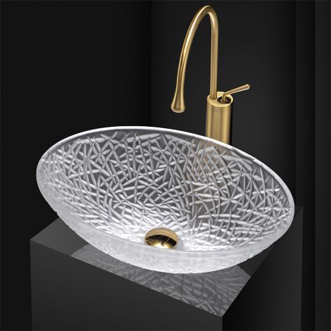 洗面ボール 洗面鉢 洗面器 手洗い鉢 ダイカスト ガラス 排水金具付 透明色 楕円型 エレガント 50cm