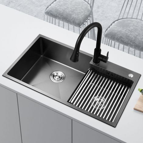 キッチンシンク 台所流し台 75*45cm オーバーシンク アンダーシンク 2槽 黒色 ナノ技術 BT