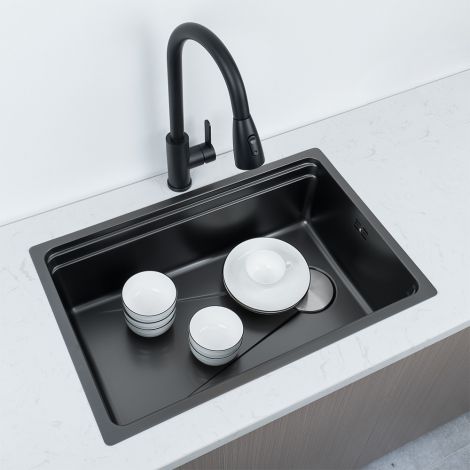 キッチンシンク 台所流し台 手作り 68*45cm ナノ技術 オーバーシンク アンダーシンク 盆付 黒色