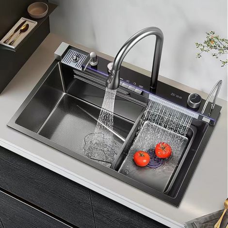 キッチンシンク 台所流し台 75*45cm ナノ技術 オーバーシンク アンダーシンク 多機能 蛇口付 浄水栓付 カップ洗浄機付