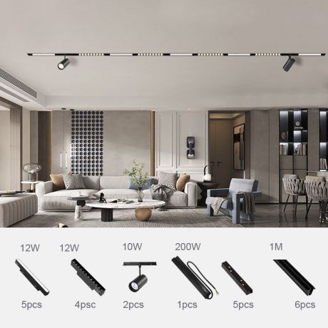 LEDダクトレール照明 磁気灯 トラックライト 居間照明 スポットライト付 黒 L600cm 128W