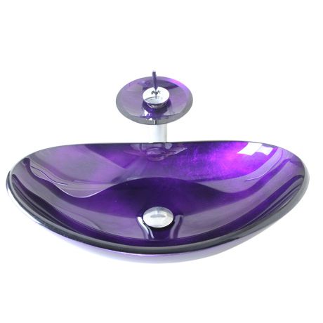 洗面ボウル&蛇口セット 手洗い鉢 洗面器 手洗器 洗面ボール 洗面台 ガラス 排水金具付 オシャレ 楕円型 紫色 SN787