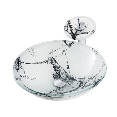 洗面ボウル＆蛇口セット 洗面器 手洗鉢 ガラス製 排水金具付 大理石柄 白色 BWY226