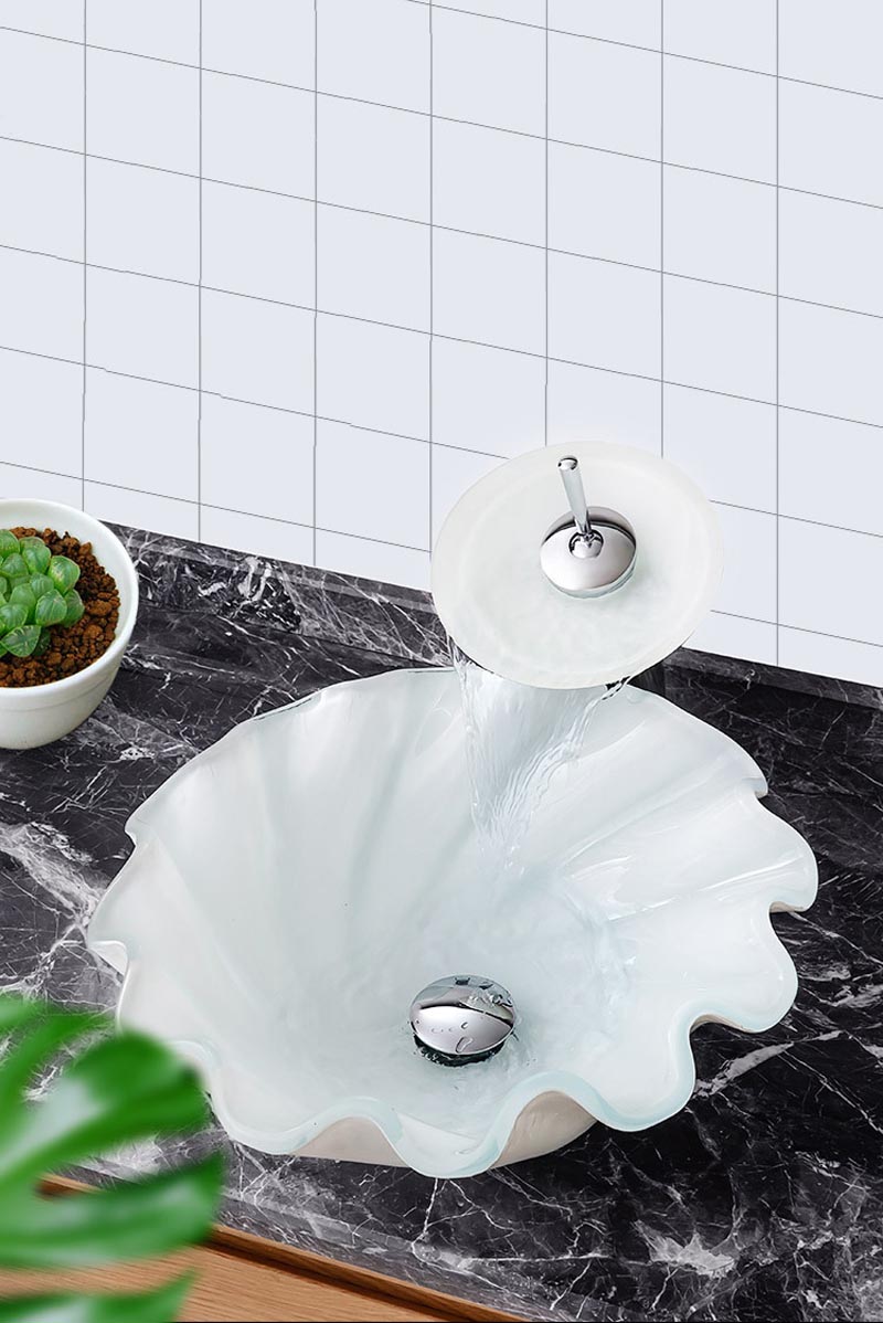 洗面ボウル＆蛇口セット 洗面器 手洗鉢 ガラス製 排水金具付 渦型 BWY118